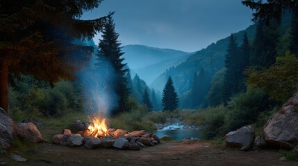 Tranquil campfire in serene forest at night with majestic mountain backdrop