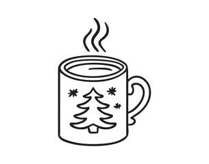 Christmas mug line art clipart with tree and snowflakes, cozy hot drink, single element, hand drawn.