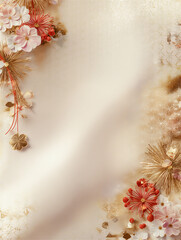 立体的な紅白の花の装飾が左右にある年賀のフレーム背景