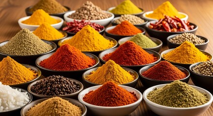 A vibrant assortment of colorful spices in small bowls, showcasing a variety of textures and hues, creating a rich culinary display