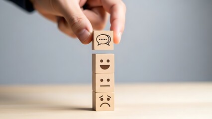 A person s hand placing a wooden block with a smiling face on top of a stack of wooden blocks with different emoticon faces
