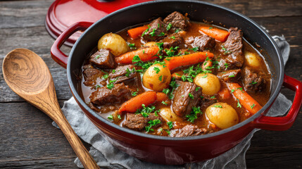 classic beef stew with carrots and potatoes in dutch oven