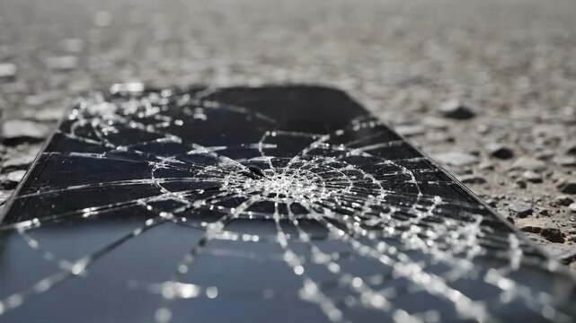 Close-up of a smartphone with a shattered screen lying on the ground outdoors.