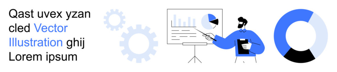 Business strategy, data visualization, analytics, teamwork, technology, productivity. A person presenting charts and graphs with gears in the background. Business strategy and data visualization
