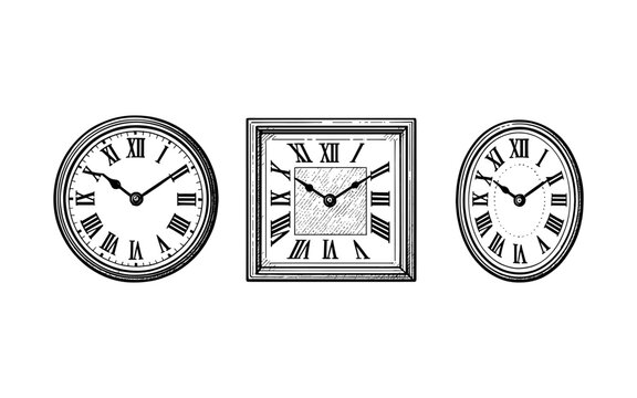 Vintage clock sketches featuring roman numerals in black and white