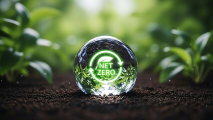 A crystal ball with a green iso 14001 logo on a natural background with plants and soil symbolizing environmental management and sustainability