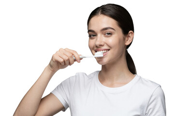 Young woman brushing teeth with a toothbrush