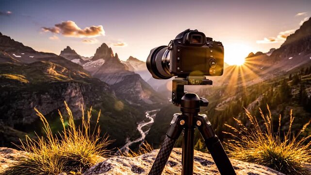 DSLR camera on tripod capturing a scenic mountain landscape at sunset.