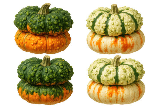Autumn gourds stacked on transparent background, colorful cucurbits celebrating harvest season and fall decorations
