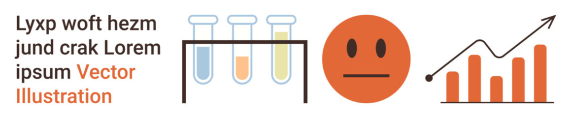 Data analysis, scientific discovery, emotional study, research growth trends, lab testing, experimental results. Lab tubes with liquids, a neutral face trend graph. Data analysis and scientific
