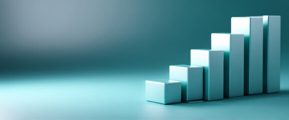 Minimalistic ascending bar chart with six light blue rectangular blocks on gradient teal background representing growth and progress