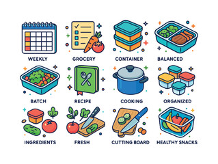 Colorful Meal Planning Icons. Meal planning. Colorful isometric