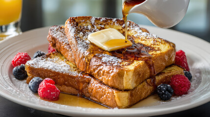 classic french toast breakfast with berries and syrup