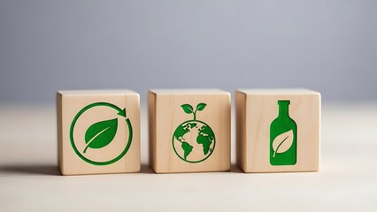 Eco friendly symbols on wooden blocks for sustainable living and environmental awareness