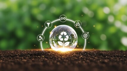 Eco friendly globe with water droplets and greenery in background representing sustainability and environmental conservation