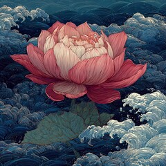 Elegant illustration of a blooming lotus flower floating above stylized ocean waves, creating a serene fantasy atmosphere for spiritual themes, wellness branding, meditation visuals, cultural projects