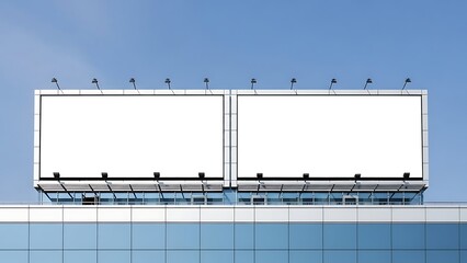 Obraz premium Two blank billboards on top of a modern building against a clear blue sky.