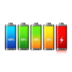 Digital graphic illustrating six battery charge levels from 100% (blue) down to a critical red warning status