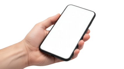 A human hand securely holds a modern black smartphone with a blank white screen, isolated on transparent background