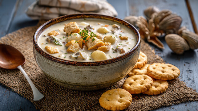 new england clam chowder with clams and oyster crackers