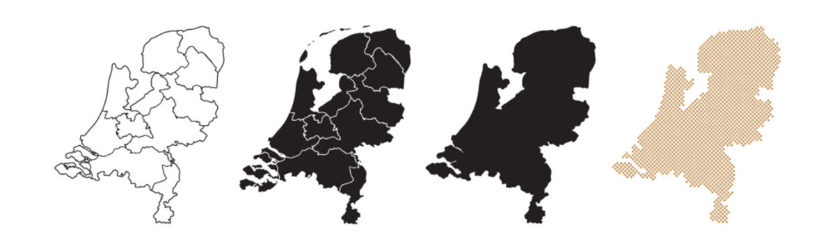 Maps of the Netherlands come in many variations, featuring black and gold colors on a white background.