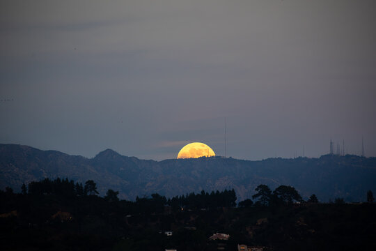 View of a golden moon rising majestically behind the silhouetted mountain range, casting a warm glow over the dark trees, Los Angeles, California, United States.