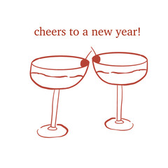 Hand-Drawn New Year Clipart illustration of two red champagne glasses toasting isolated on transparent background