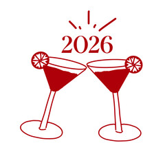 Hand-Drawn New Year Clipart illustration of two red champagne glasses toasting isolated on transparent background