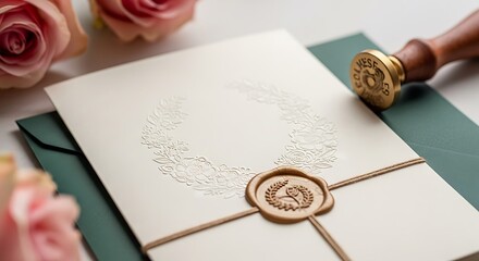 An elegant wedding invitation with a wax seal and twine, surrounded by soft pink roses and a dark green envelope