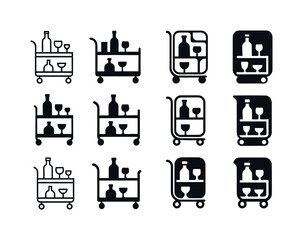 Elegant Bar Cart Icons. Stylish Bar Cart with Liquor and Glasswa