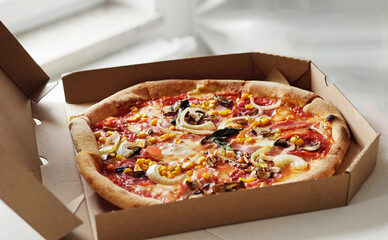 Fresh Delicious Meat And Vegetable Pizza In Cardboard Box Fast Delivered For Dinner