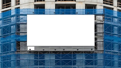 Blank white billboard on modern building under construction with blue netting.