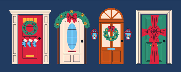 Set of doors decorated with wreaths, garlands and bows. Christmas home entrances compositions. Flat vector illustration.