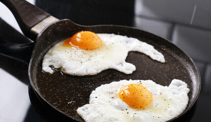 Fried Eggs In A Frying Pan In Close Up View