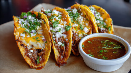 birria tacos with beef stew and cheese on isolated background