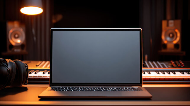 Modern laptop in a dimly lit music studio with synthesizers and headphones. A laptop sits on a desk in a professional music production studio, surrounded by audio equipment and instruments.