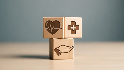 Medical care and health symbols on wooden blocks for healthcare and wellness