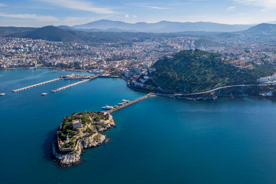 Kusadasi Coastline drone view in Kusadasi Town of Turkey