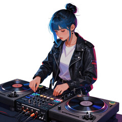 Young woman with blue hair using DJ turntables.