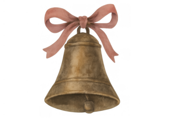 Vintage brass christmas bell with festive coral pink ribbon bow, celebrating holidays and new year's eve, transparent background