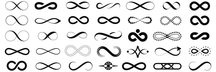 Infinity Symbols Collection with Black Infinity Vector Illustrations on White Background, Ideal for Logo Design, Branding, Mathematical Representation, and Creative Styles from Classic to Artistic Con