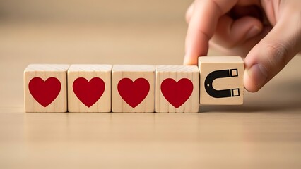 Hand placing a magnet block to attract hearts in a row of wooden blocks