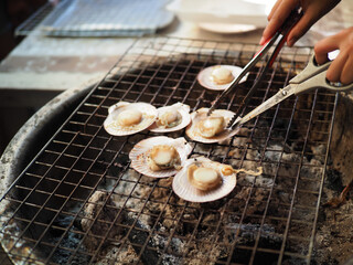 Grilled scallop seafood shell barbeque charcoal street food tongs outdoor cooking with savory aroma and warmth