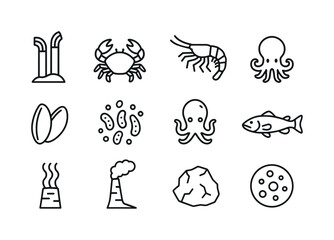 Hydrothermal Vent Icons. Aquatic creatures in extreme environmen