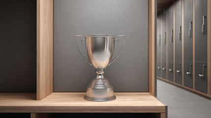 Silver trophy sits on a wooden bench in a modern locker room, symbolizing achievement. suggesting victory and preparation.