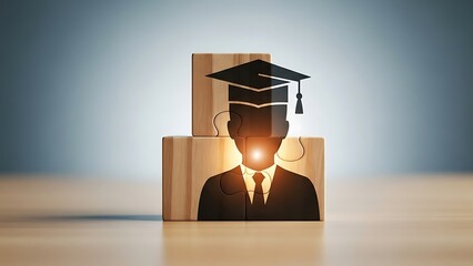 Graduation cap on a silhouette of a man in a suit emerging from books