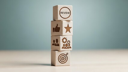 Wooden blocks with various logos and symbols stacked vertically on a table against a light blue background for business or marketing concepts