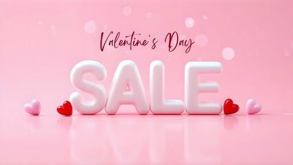 Valentine's Day sale, features large white letters on a pink background with small hearts around them