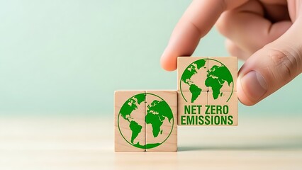 Hand placing net zero emissions block to complete puzzle for a sustainable future with earth globe