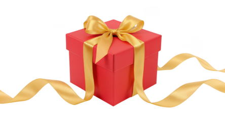 Red gift box with gold ribbon bow and flowing ribbon on transparent background
